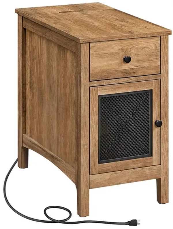 Rila 24 Inch Side End Table, 1 Drawer, Black Mesh Design, Brown Finish - Benzara