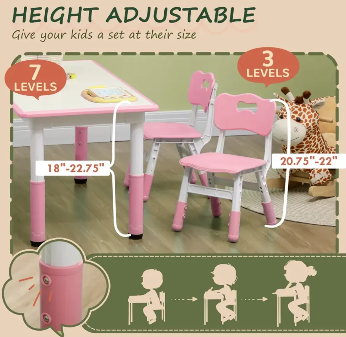 Kids Table and Chair Set with 4 Chairs, Adjustable Height, Easy to Clean Table Surface, for 1.5 - 5 Years Old, Pink