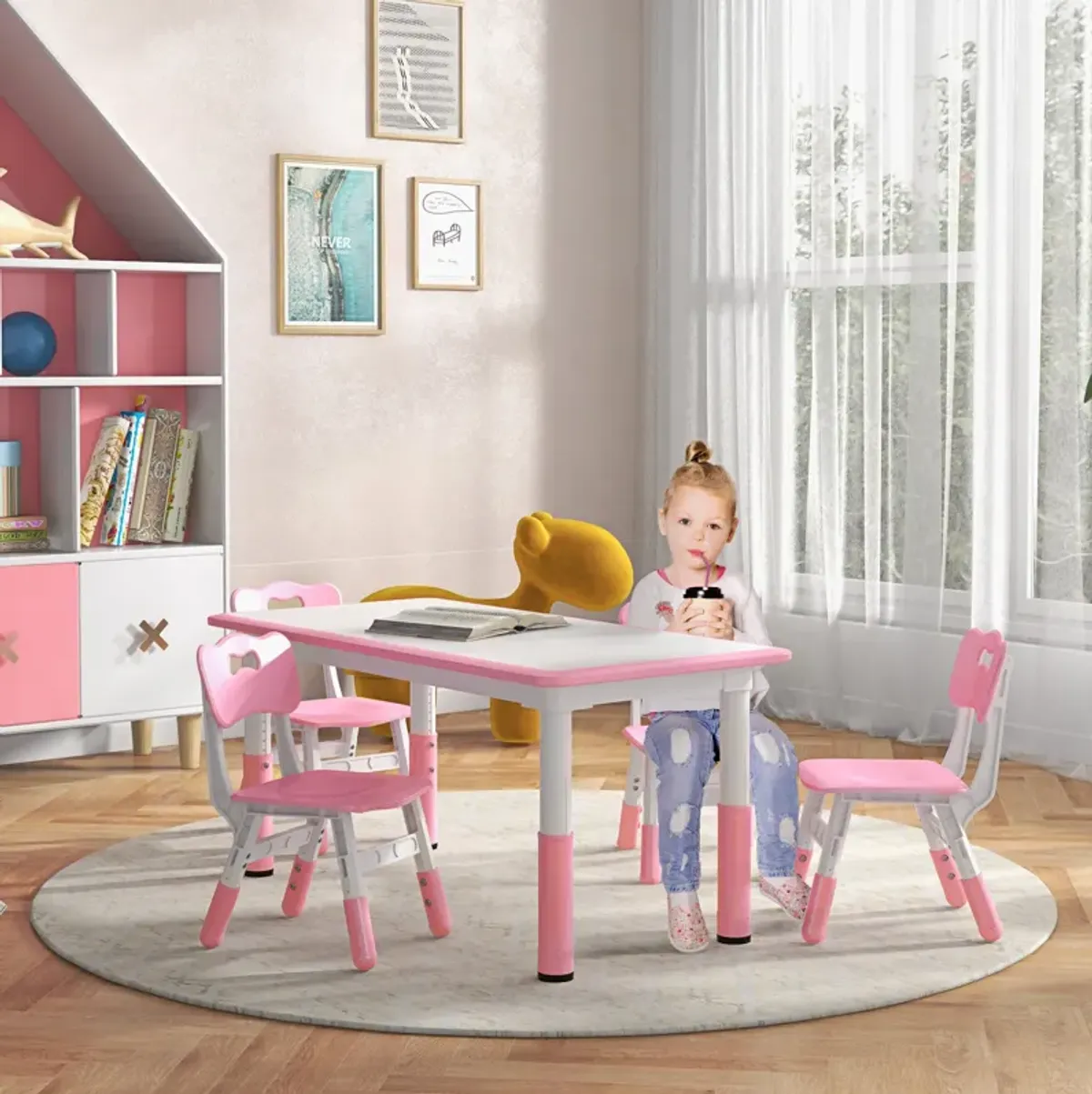 Kids Table and Chair Set with 4 Chairs, Adjustable Height, Easy to Clean Table Surface, for 1.5 - 5 Years Old, Pink