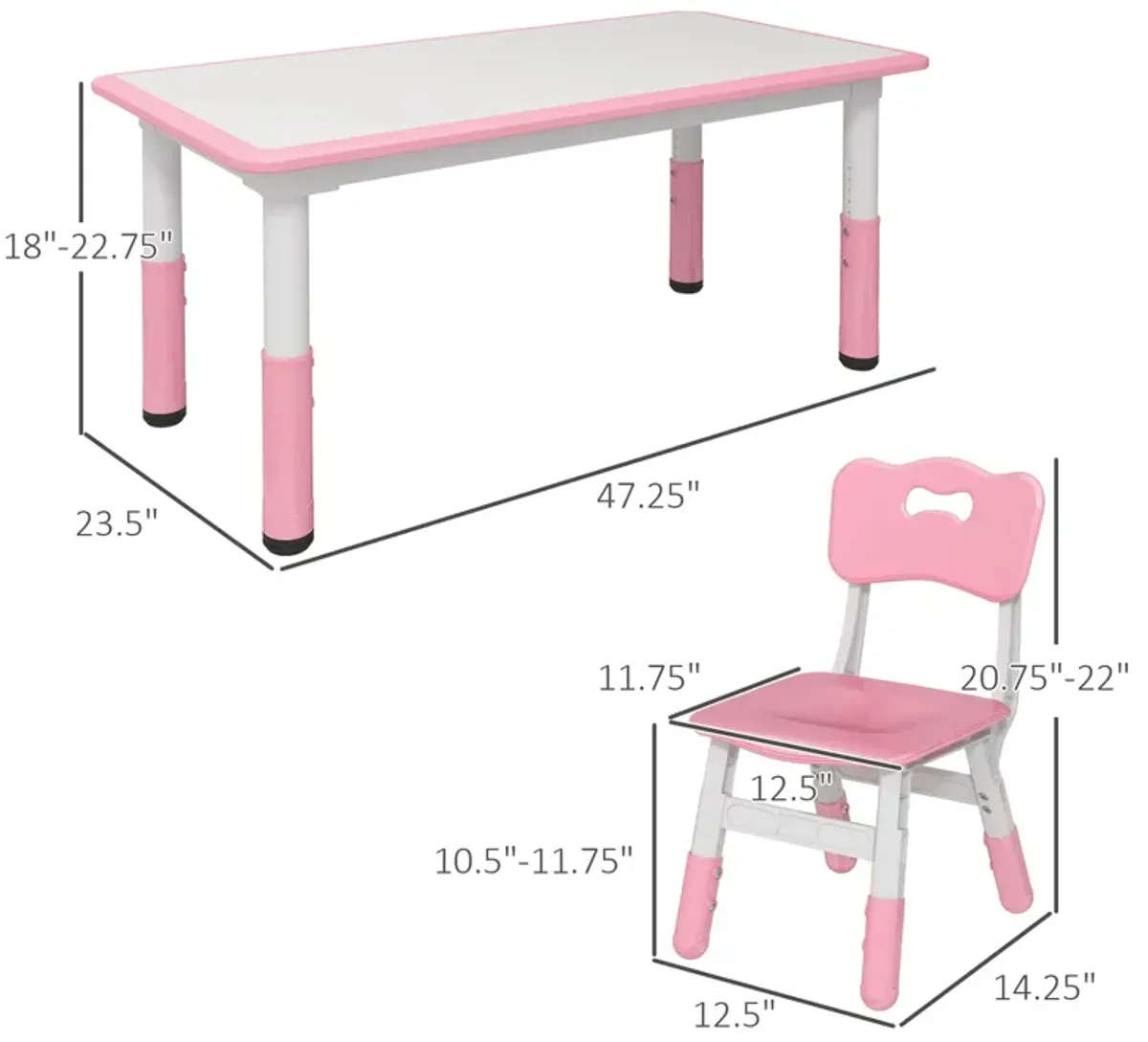 Kids Table and Chair Set with 4 Chairs, Adjustable Height, Easy to Clean Table Surface, for 1.5 - 5 Years Old, Pink