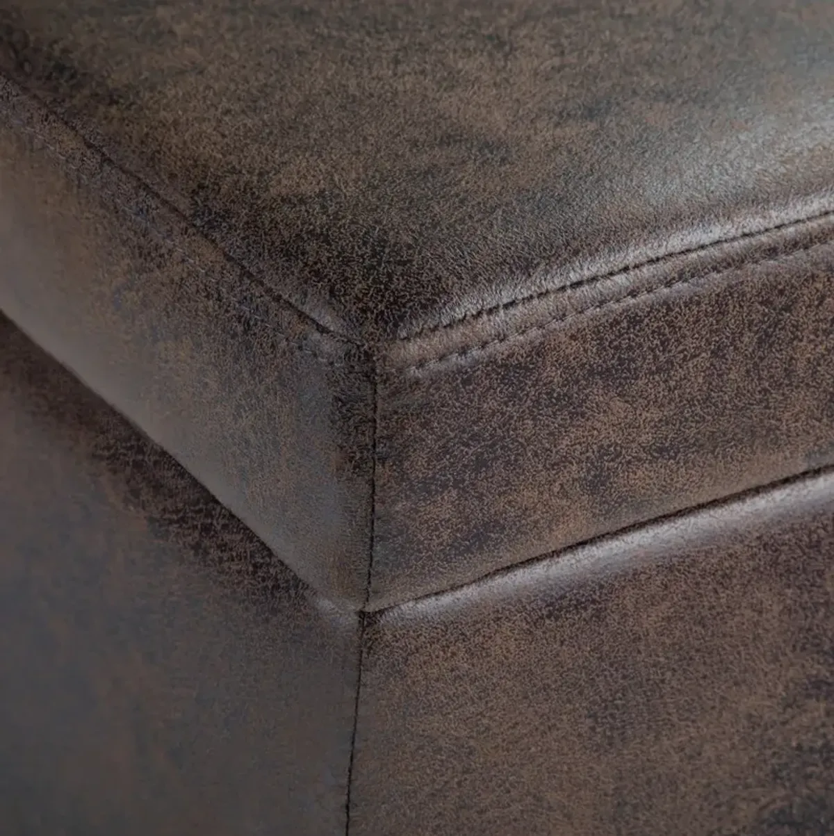 Simpli Home Avalon Storage Ottoman Bench In Distressed Brown Vegan Faux Leather