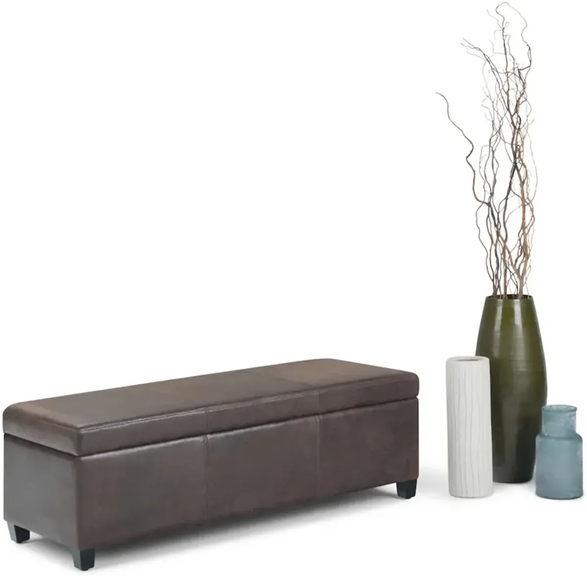 Simpli Home Avalon Storage Ottoman Bench In Distressed Brown Vegan Faux Leather