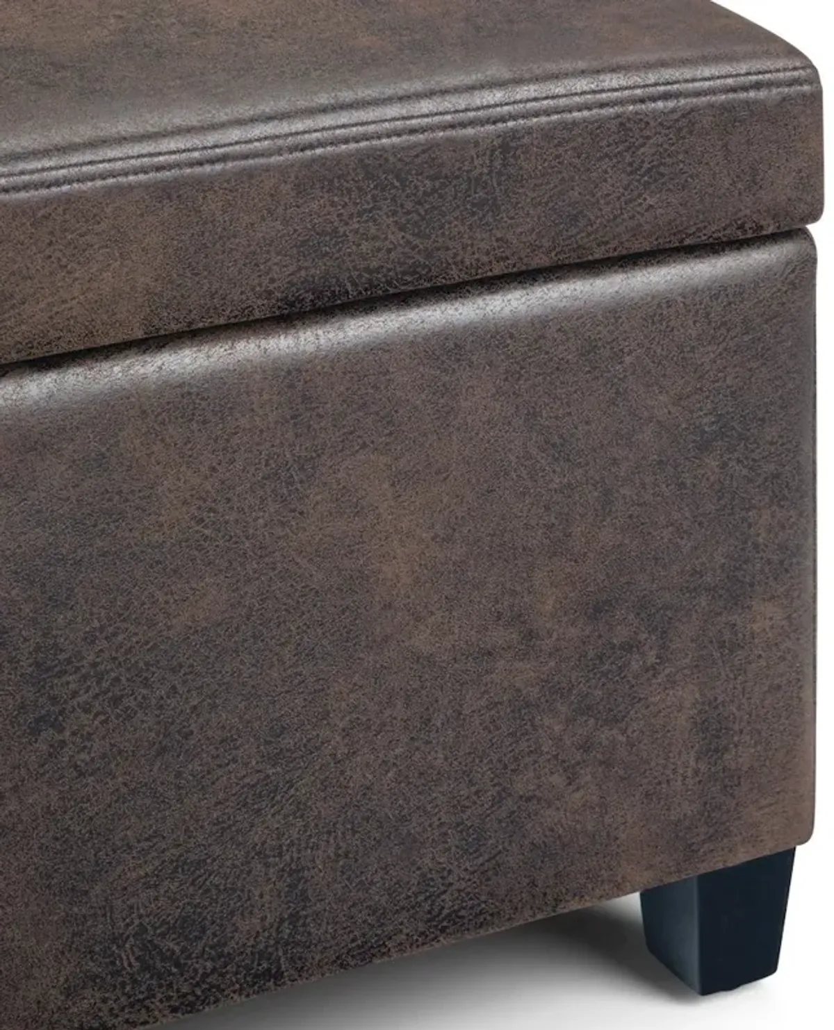 Simpli Home Avalon Storage Ottoman Bench In Distressed Brown Vegan Faux Leather