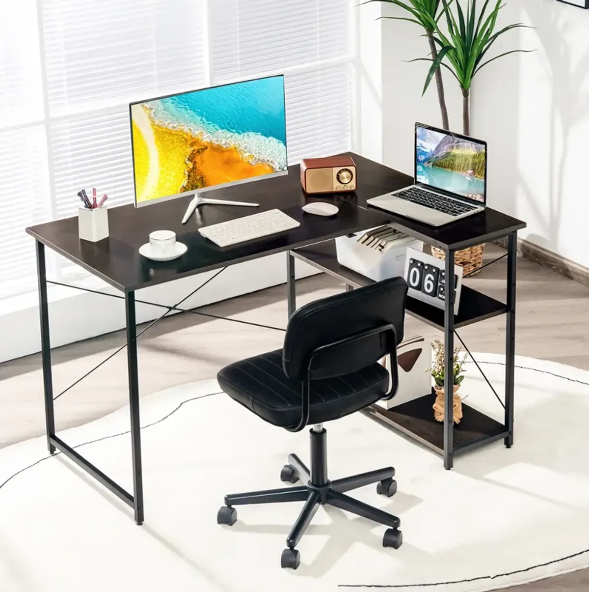 Costway 48'' Reversible L Shaped Computer Desk Home Office Table Adjustable Shelf Brown