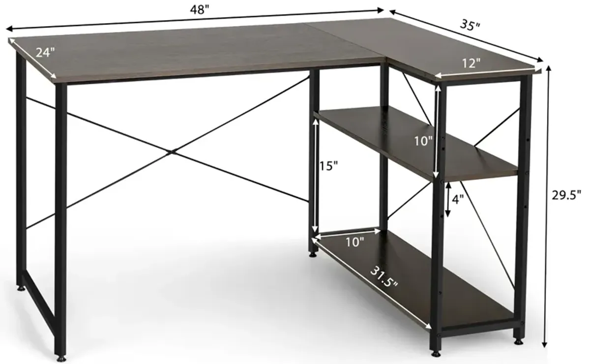 Costway 48'' Reversible L Shaped Computer Desk Home Office Table Adjustable Shelf Brown