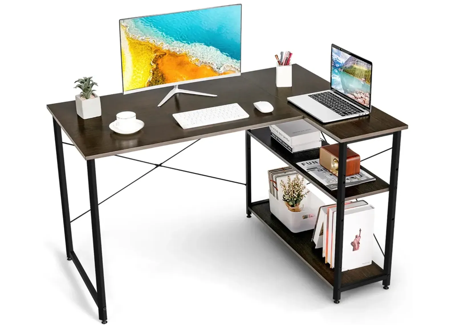 Costway 48'' Reversible L Shaped Computer Desk Home Office Table Adjustable Shelf Brown