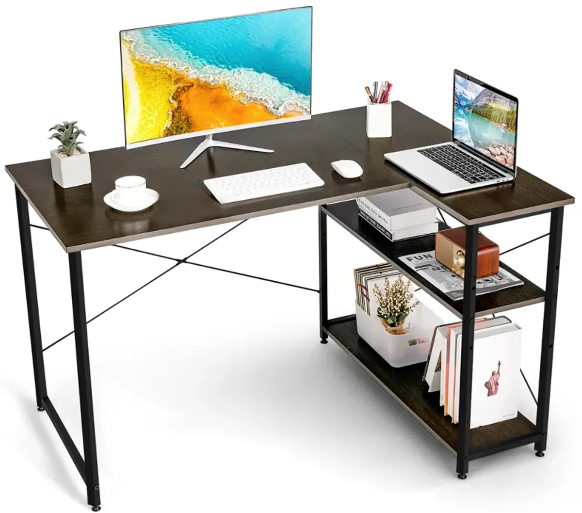 Costway 48'' Reversible L Shaped Computer Desk Home Office Table Adjustable Shelf Brown