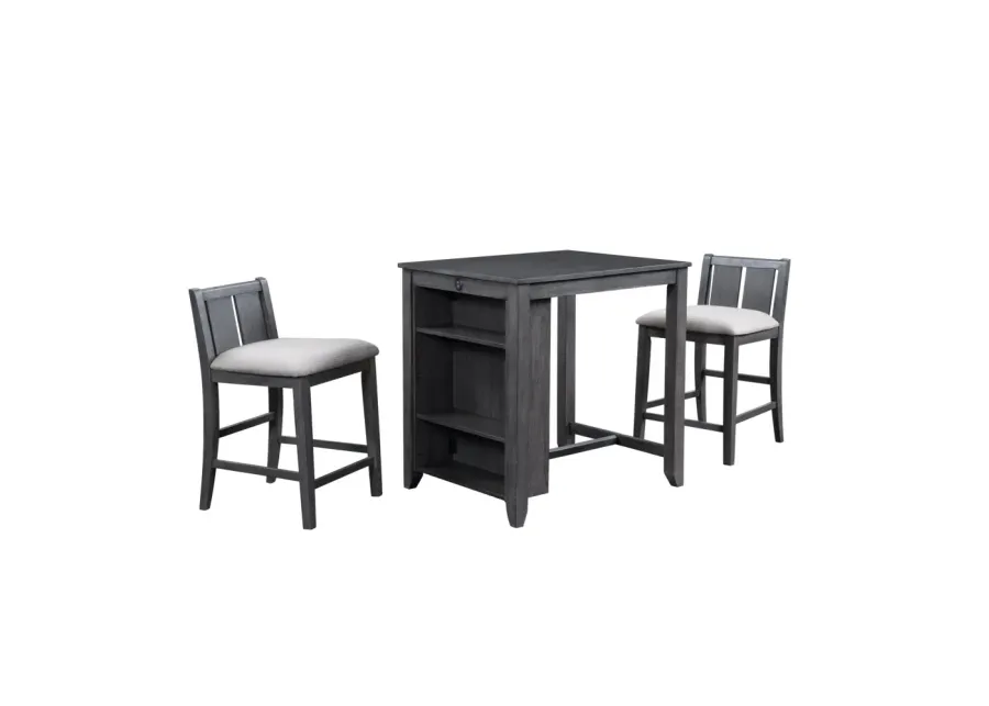 New Classic Furniture Heston 3-pc Wood Storage Counter Set with 2 Chairs in Gray