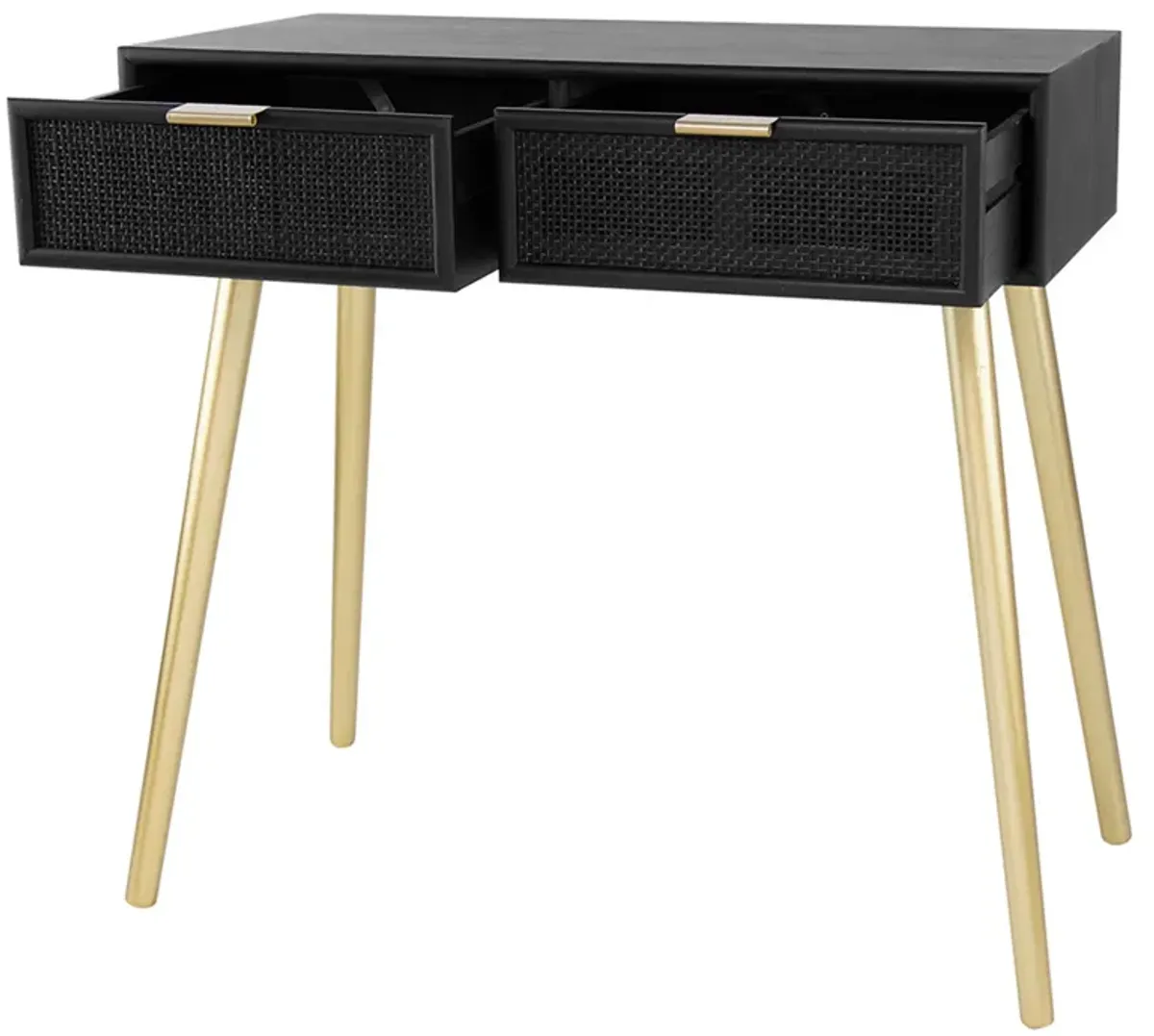 Pia 32 Inch Wood Console Table, 2 Drawers, Woven Rattan Design, Black, Gold-Benzara