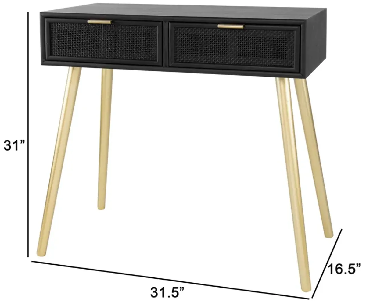 Pia 32 Inch Wood Console Table, 2 Drawers, Woven Rattan Design, Black, Gold-Benzara