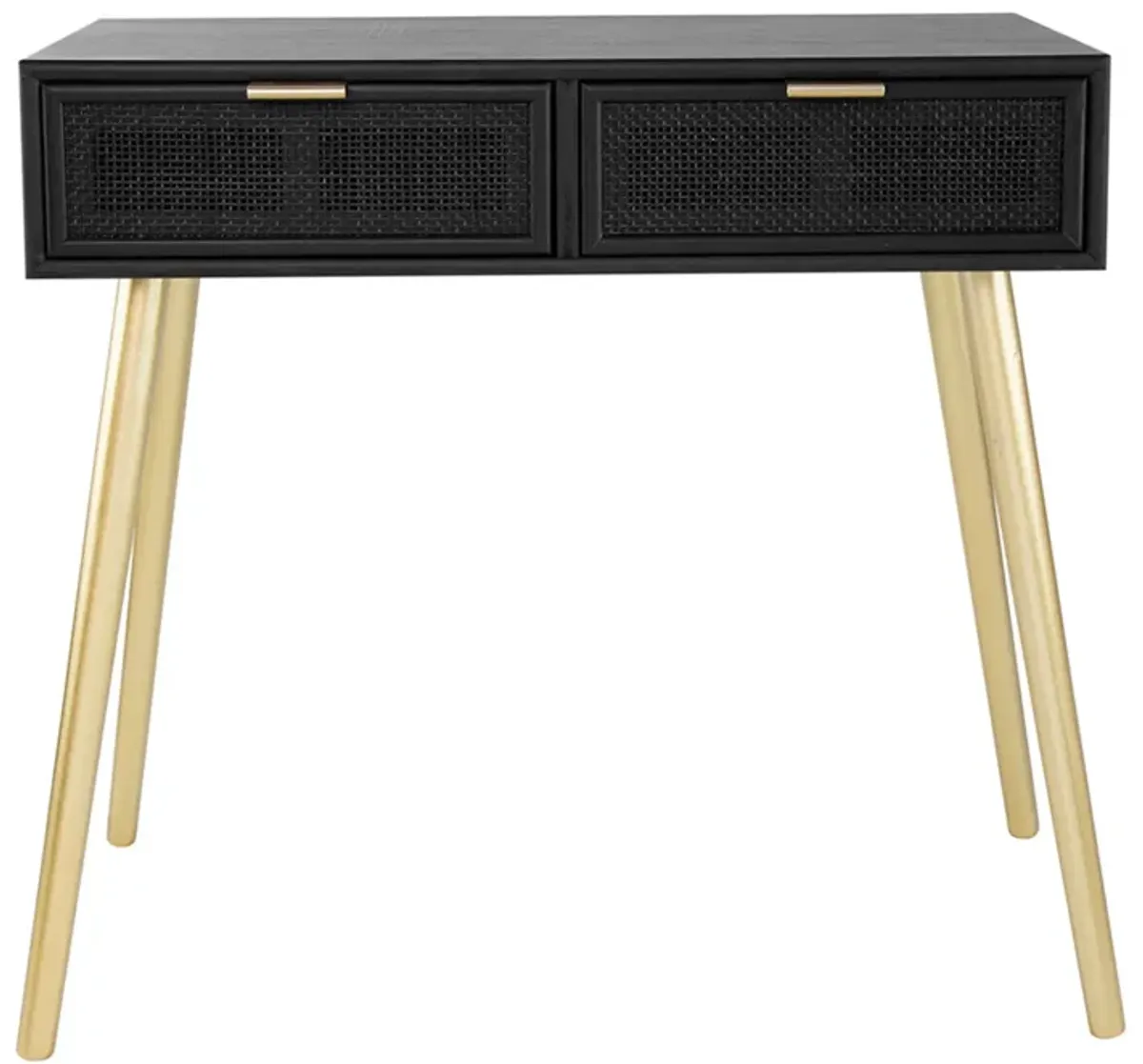 Pia 32 Inch Wood Console Table, 2 Drawers, Woven Rattan Design, Black, Gold-Benzara