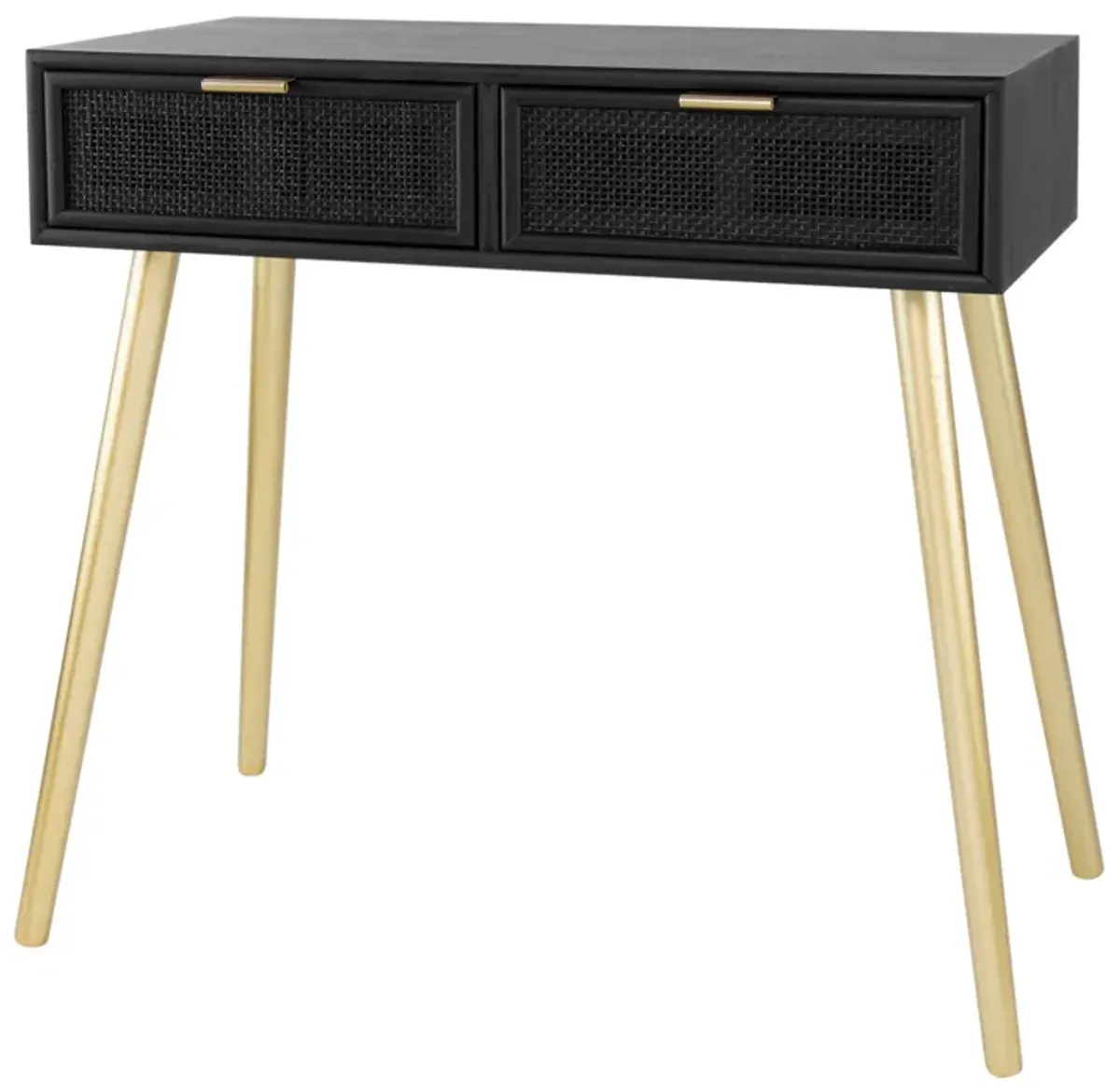 Pia 32 Inch Wood Console Table, 2 Drawers, Woven Rattan Design, Black, Gold-Benzara