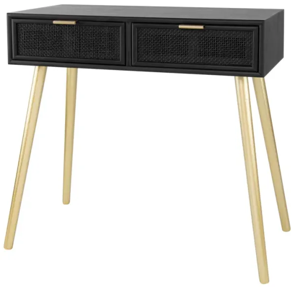 Pia 32 Inch Wood Console Table, 2 Drawers, Woven Rattan Design, Black, Gold