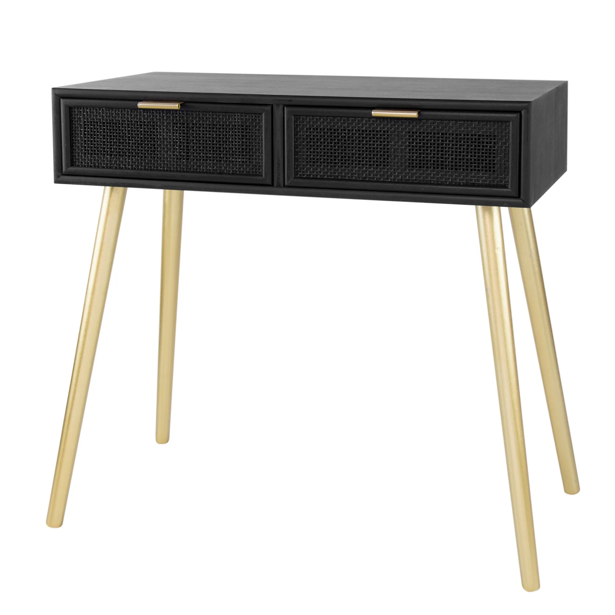 Pia 32 Inch Wood Console Table, 2 Drawers, Woven Rattan Design, Black, Gold-Benzara