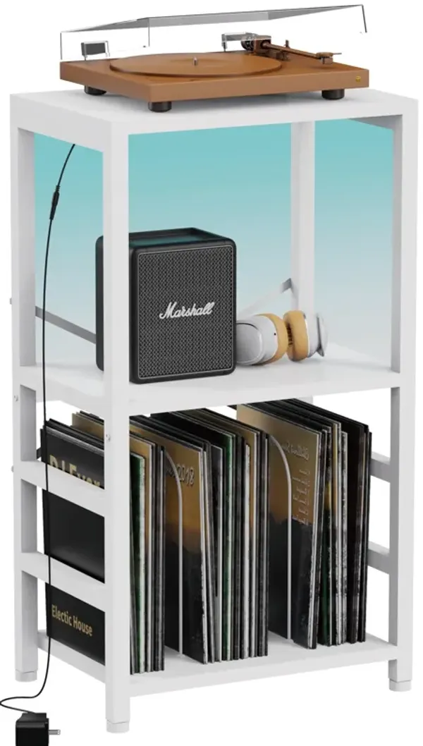YAKANJ End Table with LED Light,Record Player Stand with Albums Storage,Vinyl Records Storage,Turntable Stand Side Table for Mus