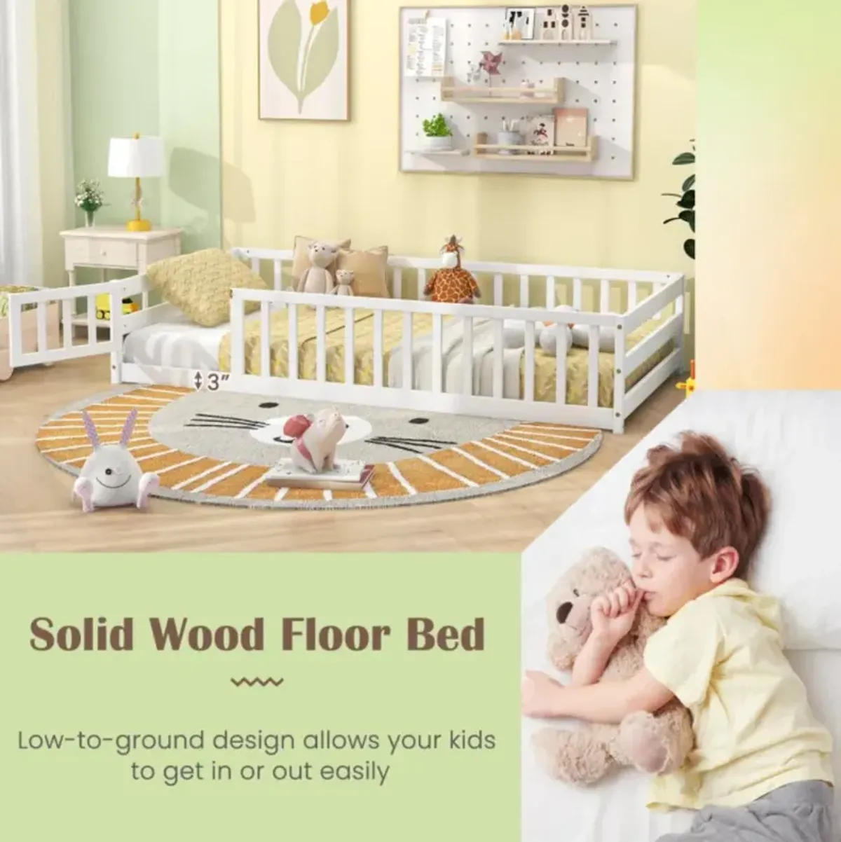 Hivvago Twin Size Kids Wood Montessori Floor Bed with Door and Fence