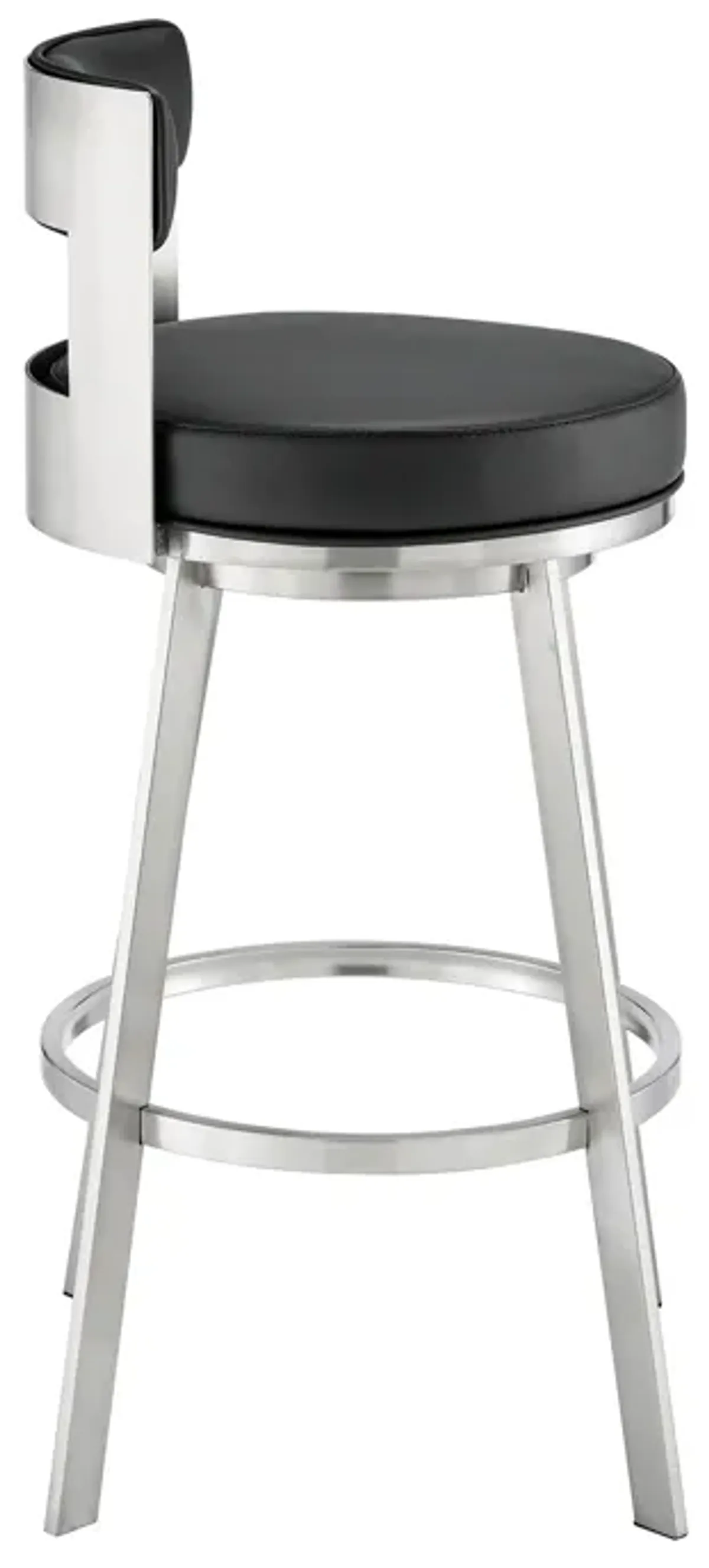 Ami 26 Inch Swivel Counter Stool Chair, Black Faux Leather, Stainless Steel - Benzara