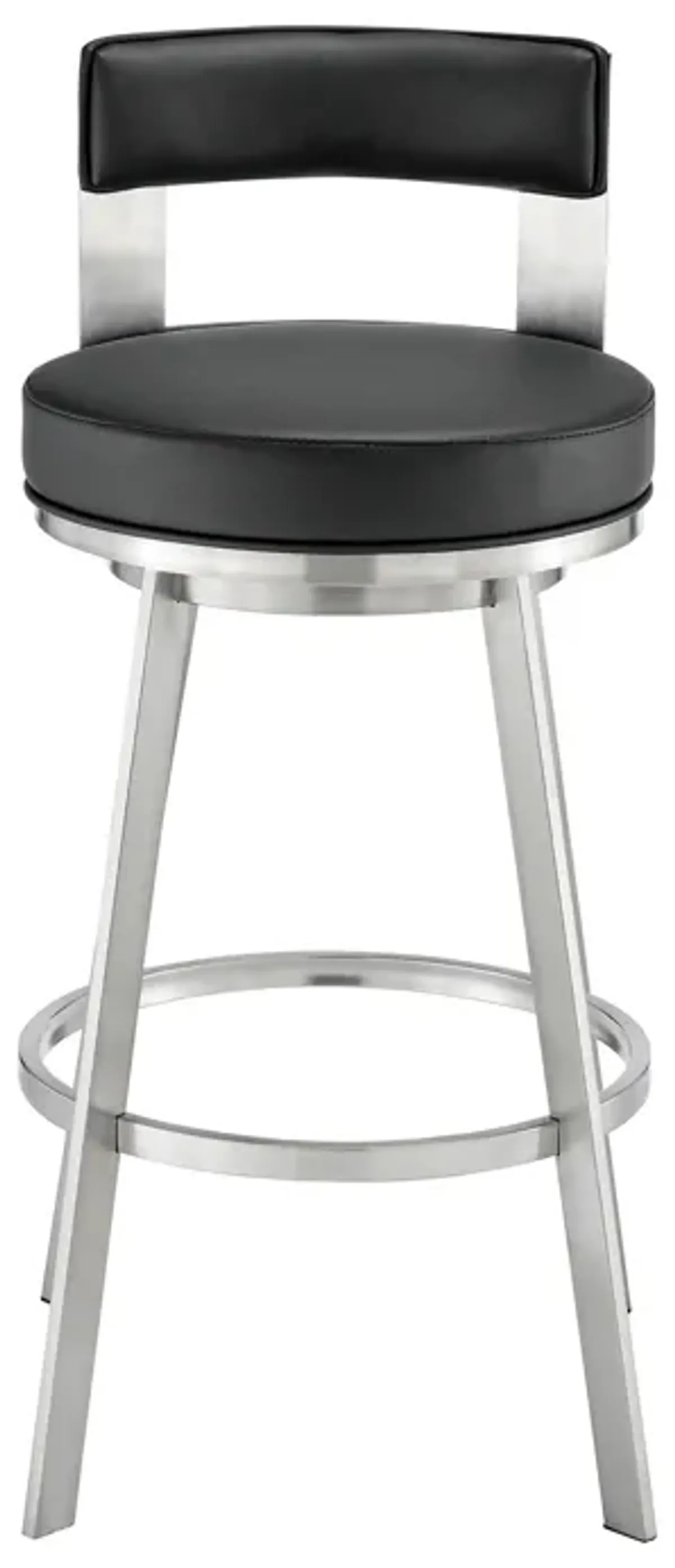 Ami 26 Inch Swivel Counter Stool Chair, Black Faux Leather, Stainless Steel - Benzara