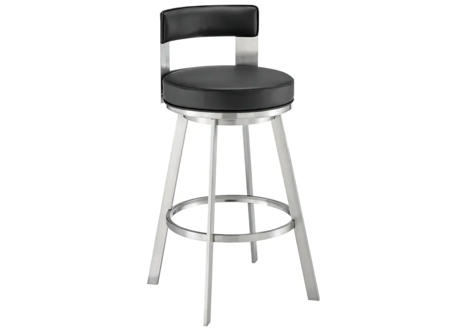 Ami 26 Inch Swivel Counter Stool Chair, Black Faux Leather, Stainless Steel - Benzara