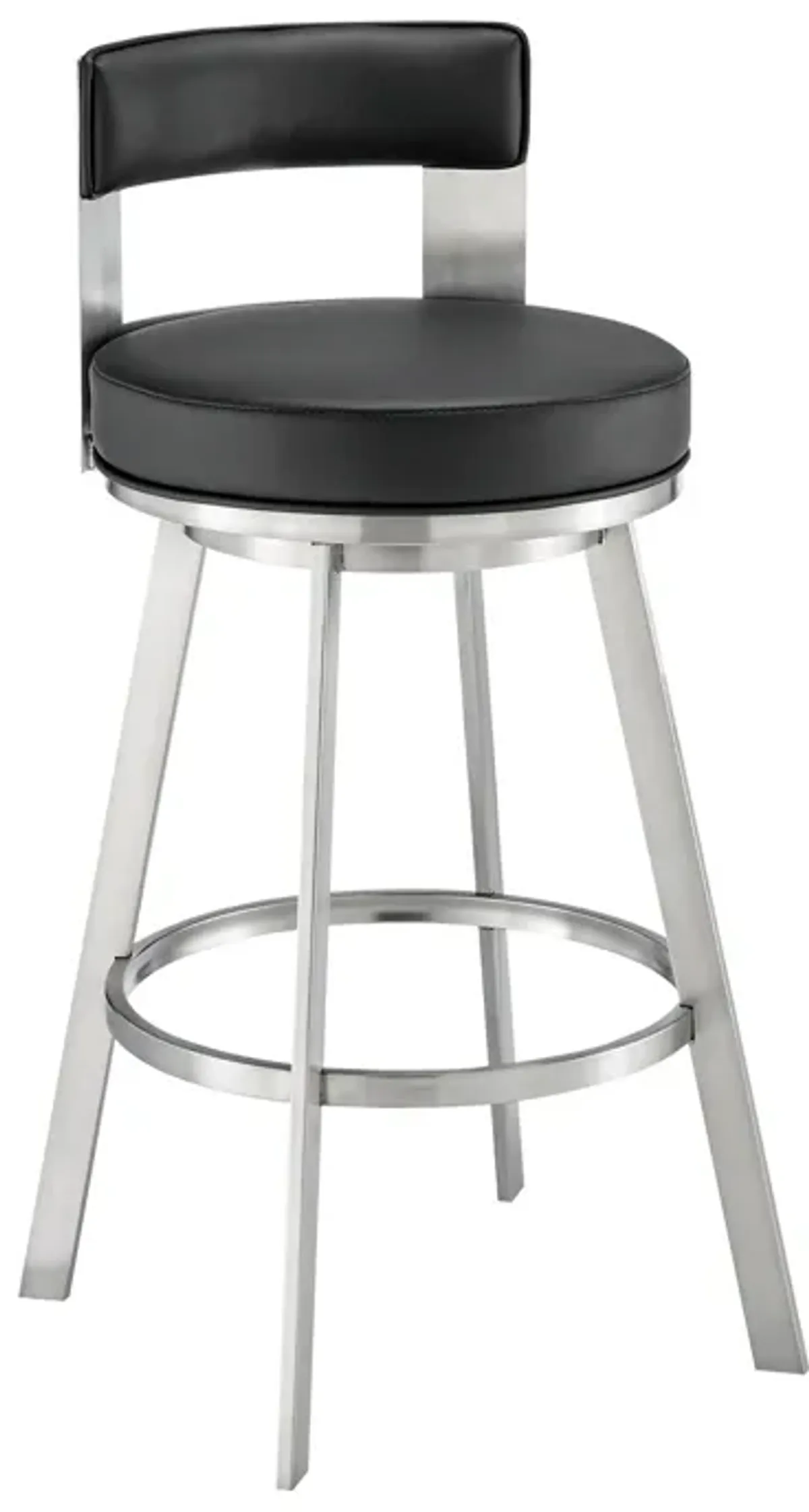 Ami 26 Inch Swivel Counter Stool Chair, Black Faux Leather, Stainless Steel - Benzara