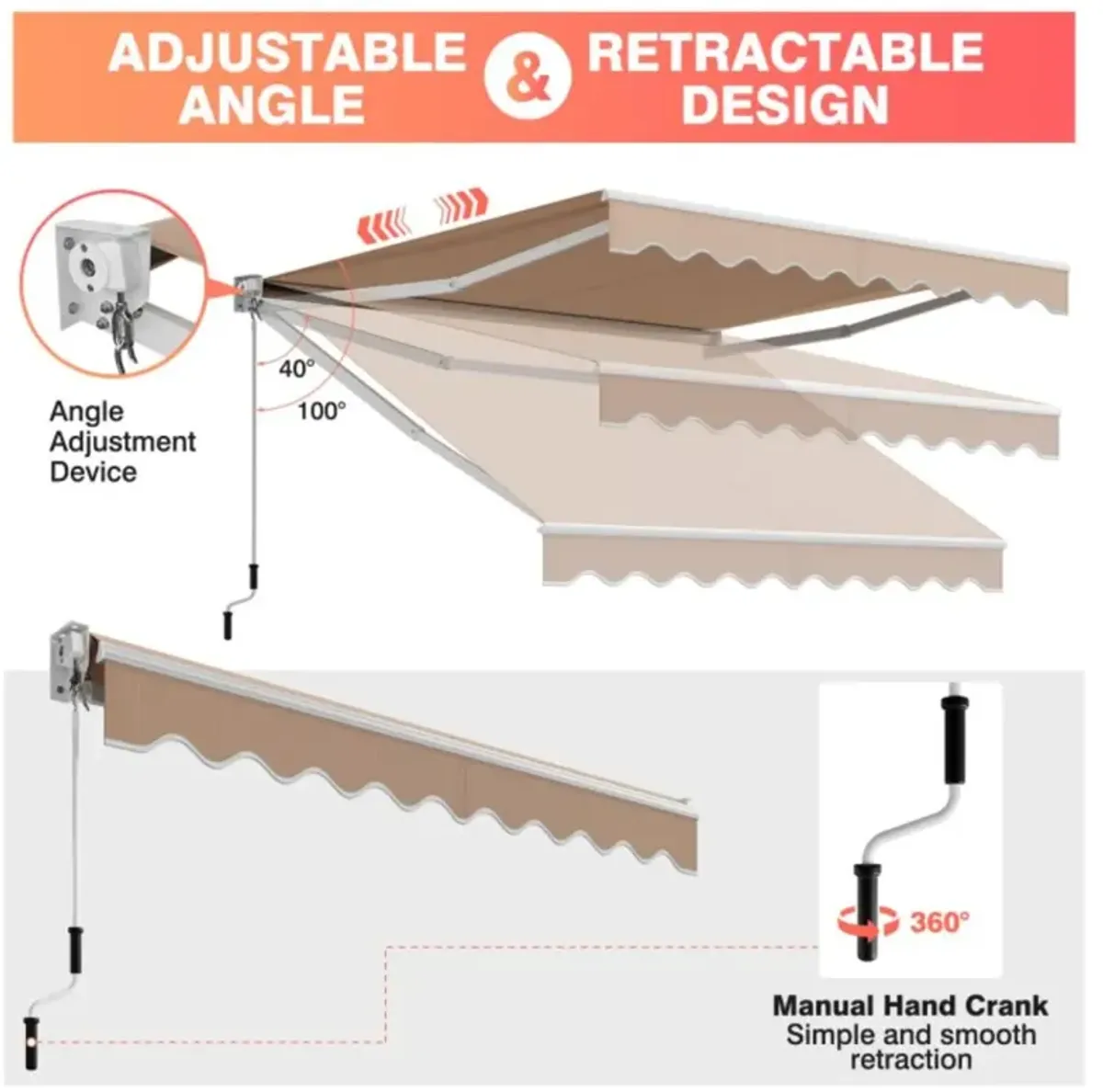 Hivvago 8 x 6.6 Feet Patio Retractable Awning with Manual Crank Handle