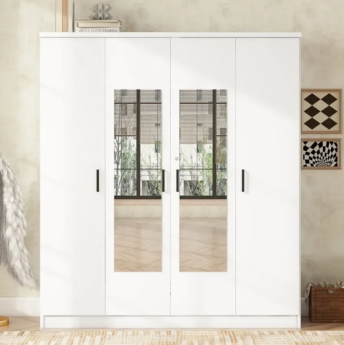 Merax 4-Door Mirror Wardrobe with Shelves