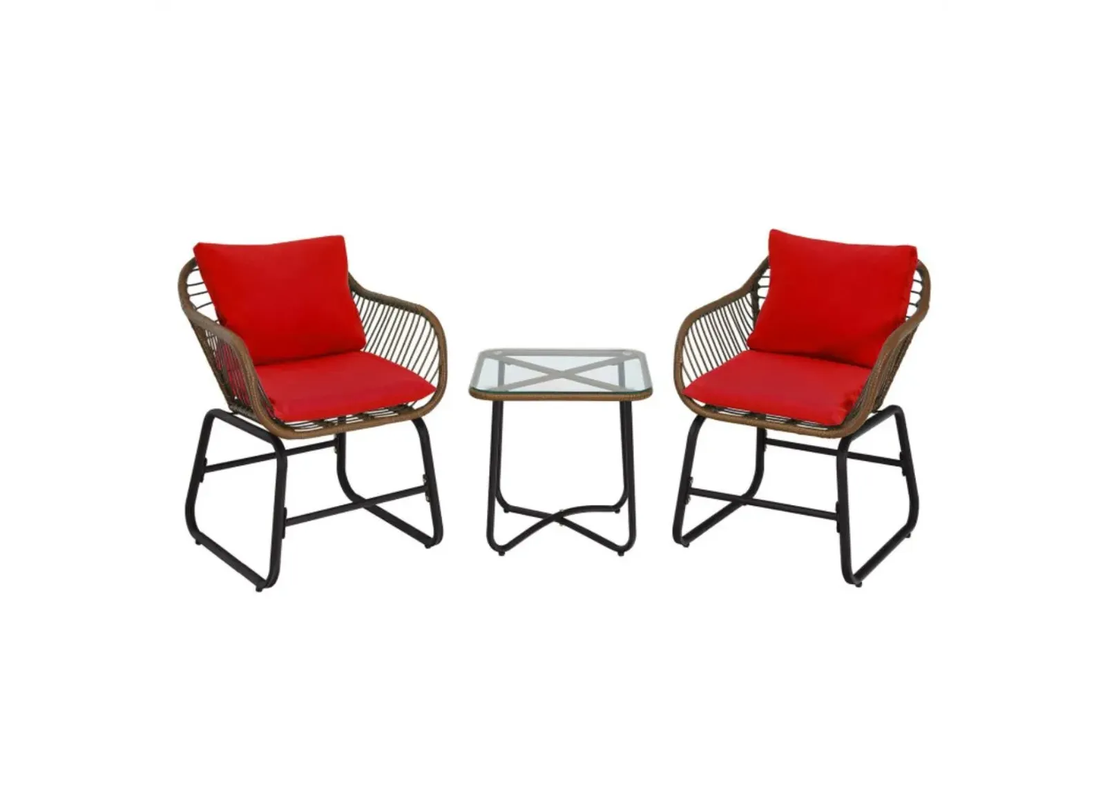 3 Pieces Patio Rattan Bistro Set Cushioned Chair Glass Table Deck