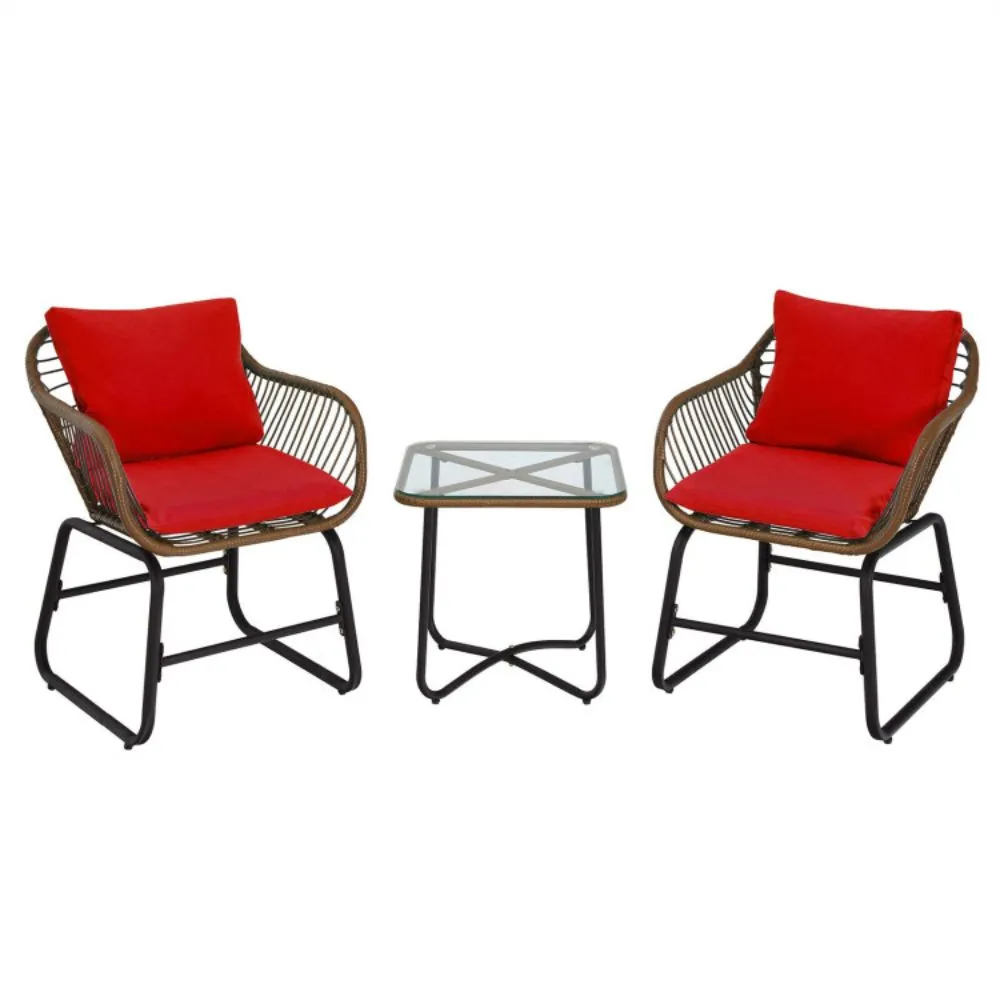 3 Pieces Patio Rattan Bistro Set Cushioned Chair Glass Table Deck