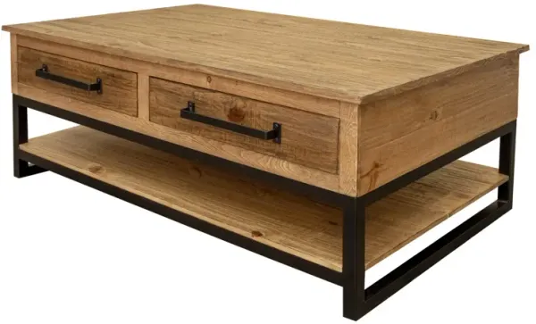 Tuba 50 Inch Cocktail Coffee Table, 4 Drawers, Iron Legs, Brown Pine Wood-Benzara