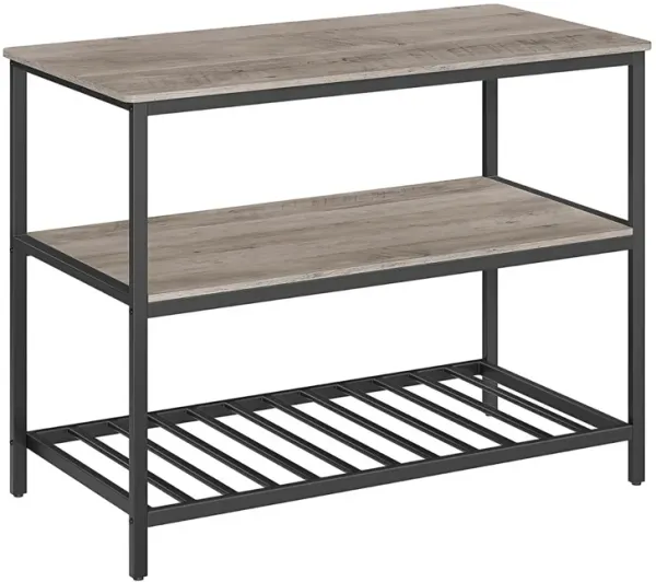 Chiha 47 Inch Kitchen Island, 3 Shelves, Slatted Design, Taupe, Black - Benzara