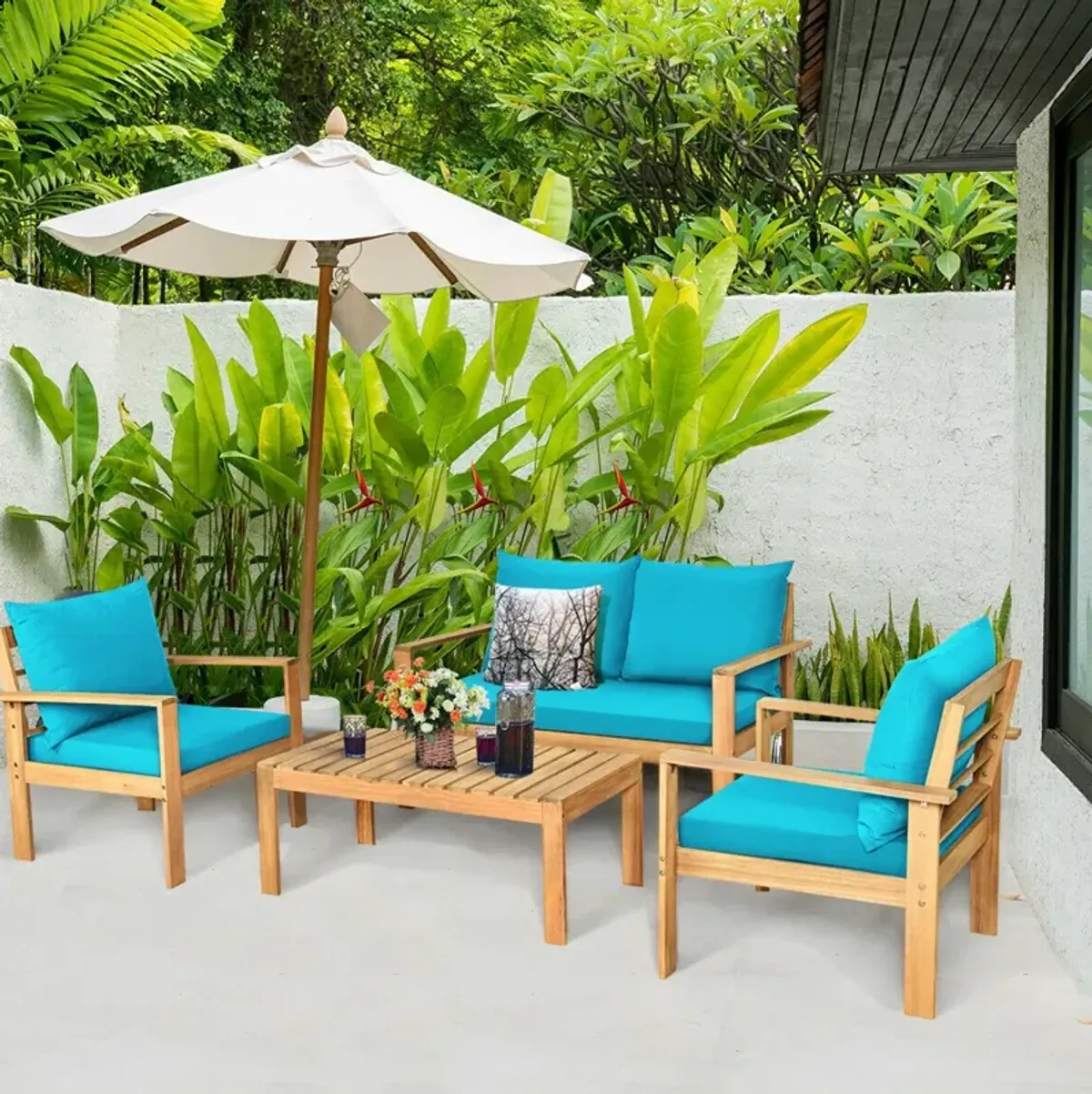 Outdoor 4 Pieces Acacia Wood Chat Set with Water Resistant Cushions