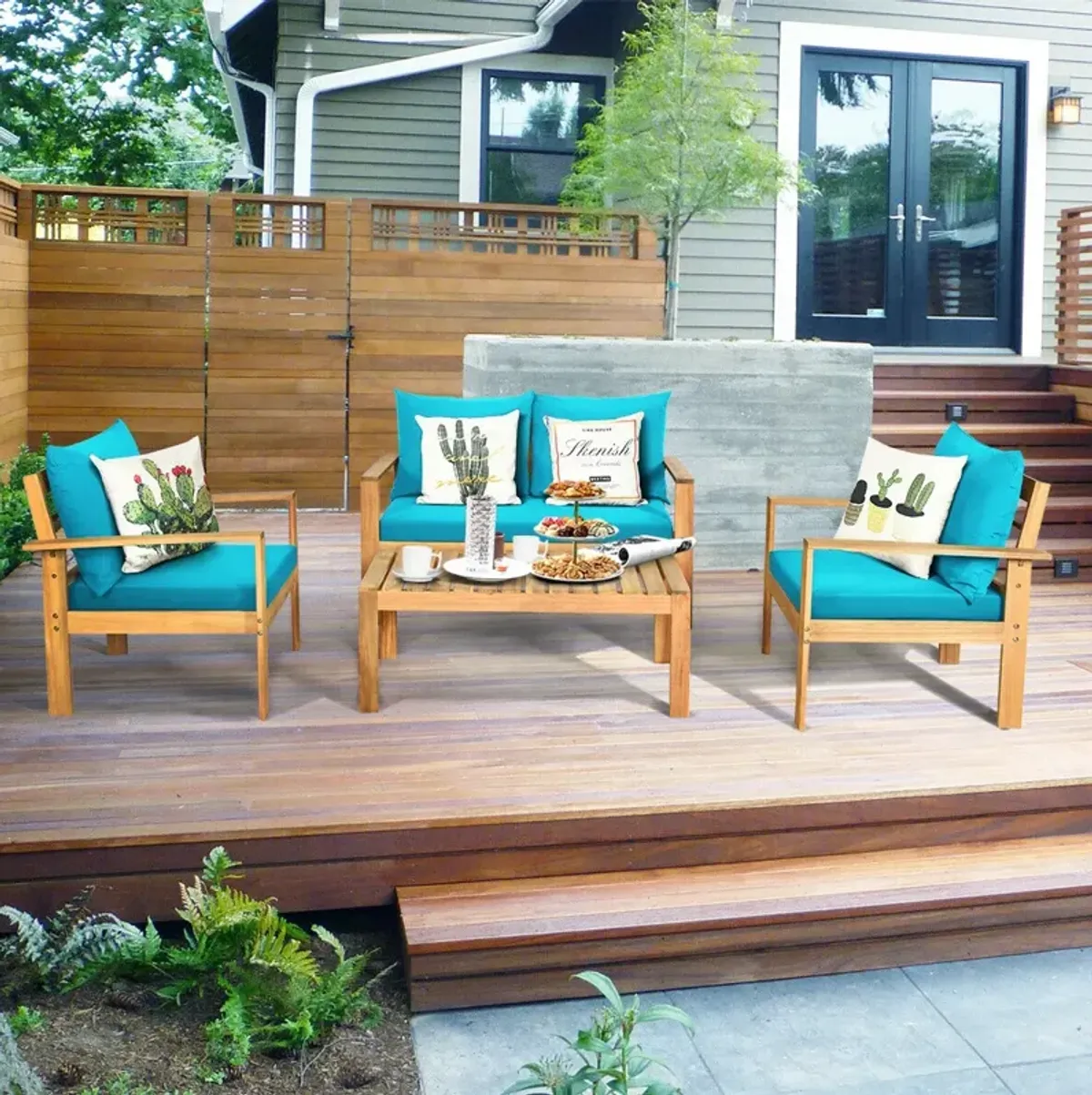 Outdoor 4 Pieces Acacia Wood Chat Set with Water Resistant Cushions