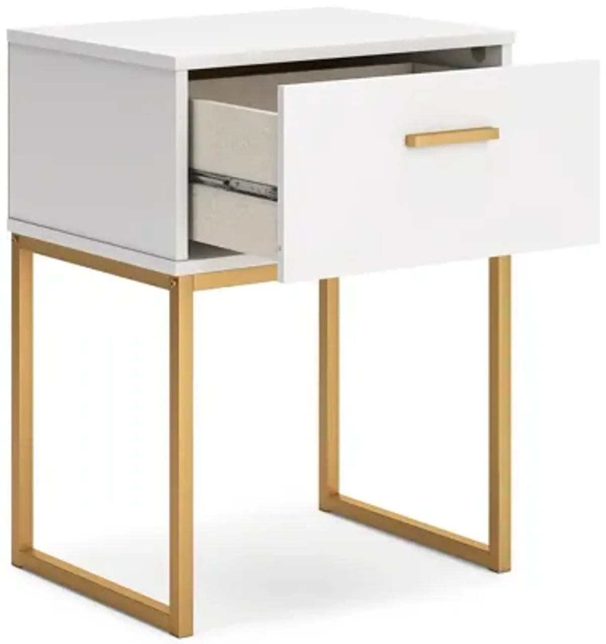 Alli Nightstand, 1 Drawer, Matte White Wood, Gold Metal Legs, 26 Inch - Benzara