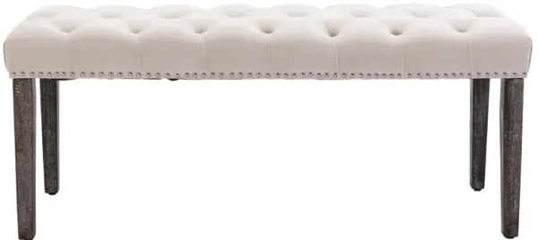 Streamdale Beige Velvet Tufted Bench Ottoman