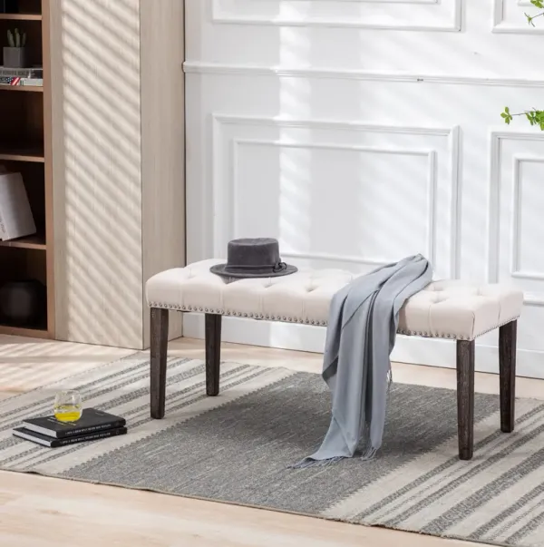 Streamdale Beige Velvet Tufted Bench Ottoman