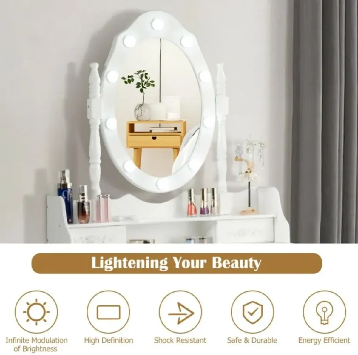 Hivvago Makeup Vanity Dressing Table Set with Dimmable Bulbs Cushioned Stool