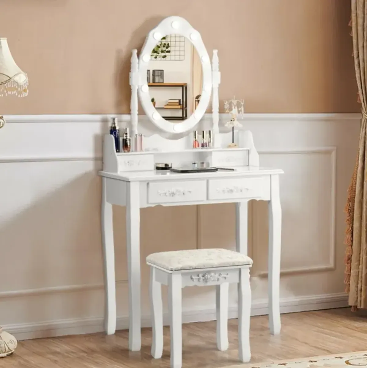 Hivvago Makeup Vanity Dressing Table Set with Dimmable Bulbs Cushioned Stool