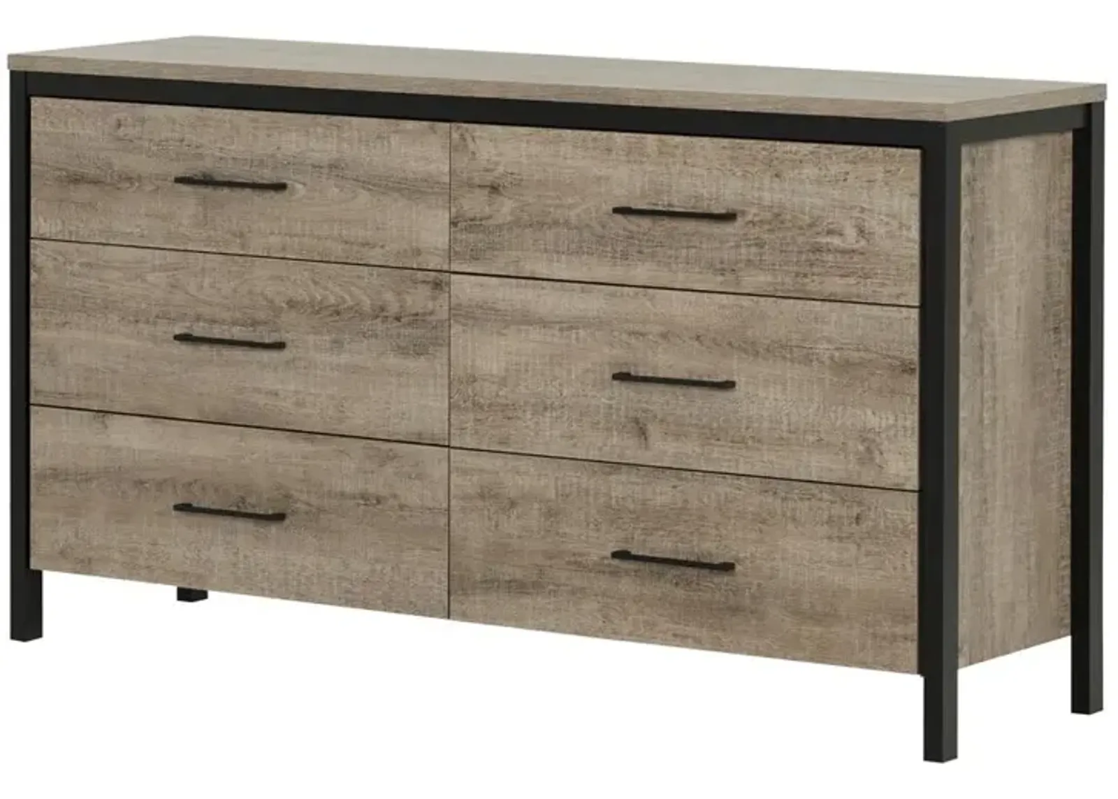 Munich 6-Drawer Double Dresser, Weathered Oak and Matte Black