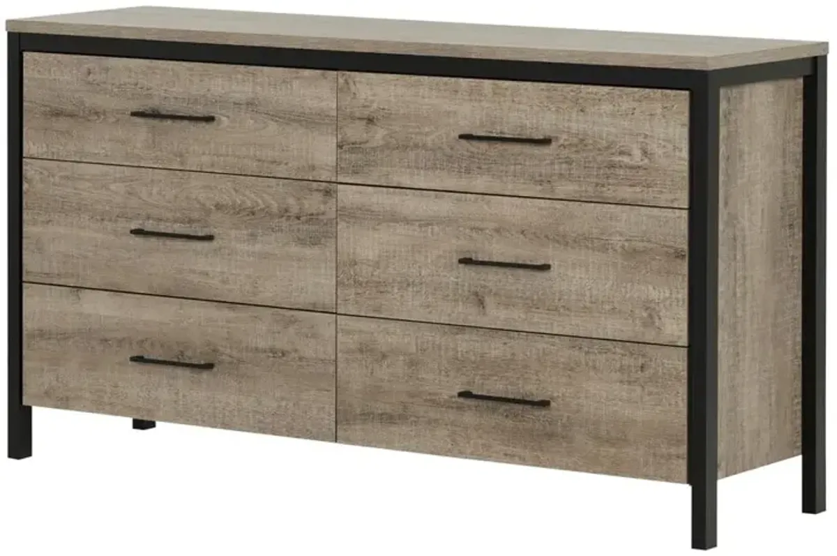 Munich 6-Drawer Double Dresser, Weathered Oak and Matte Black