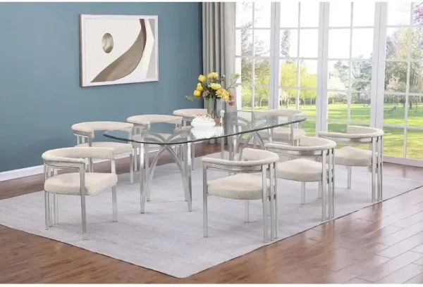 Best Quality Furniture 9Pc Tempered Glass Dining Table Set With 8 Cream With Matte Silver Side Chairs