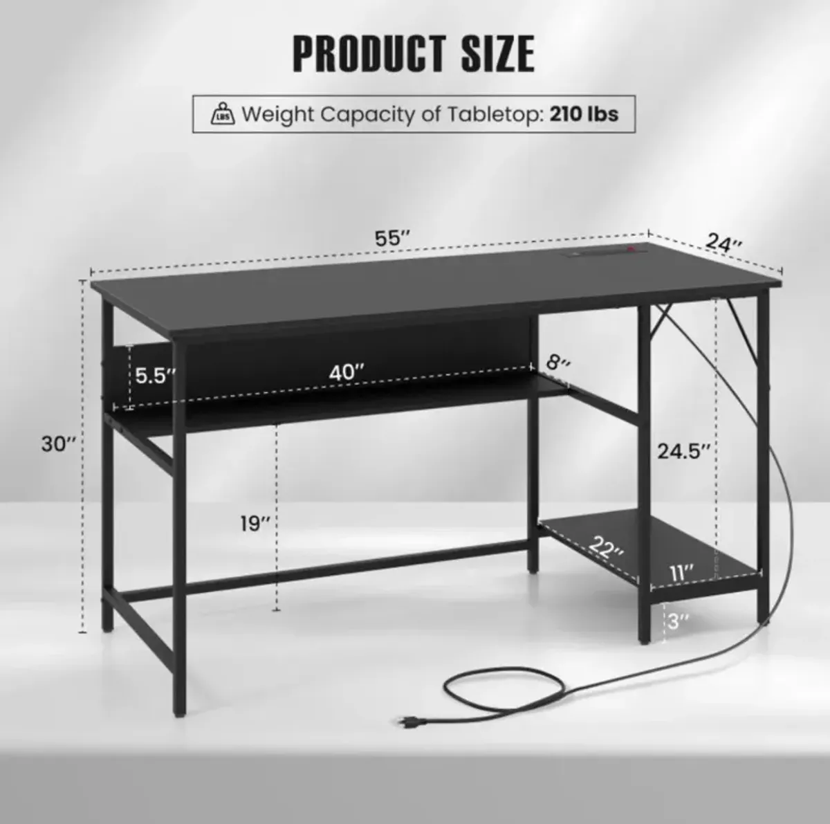 Hivvago 55 Inch Computer Desk with 4 Power Outlets and CPU Stand