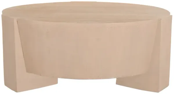 Joana Coffee Table, 35 Inch Round Drum Shape with 3 Legs, Sandblasted Natural Brown Mango Wood
