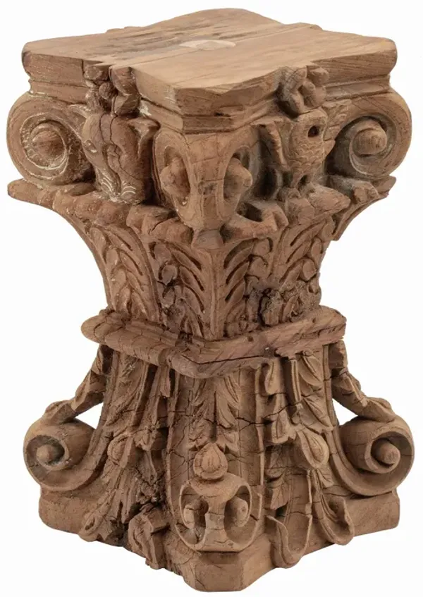19 Inch Classic Stool Table, Carved Pillar Accent, Wood, Antique Brown - Benzara