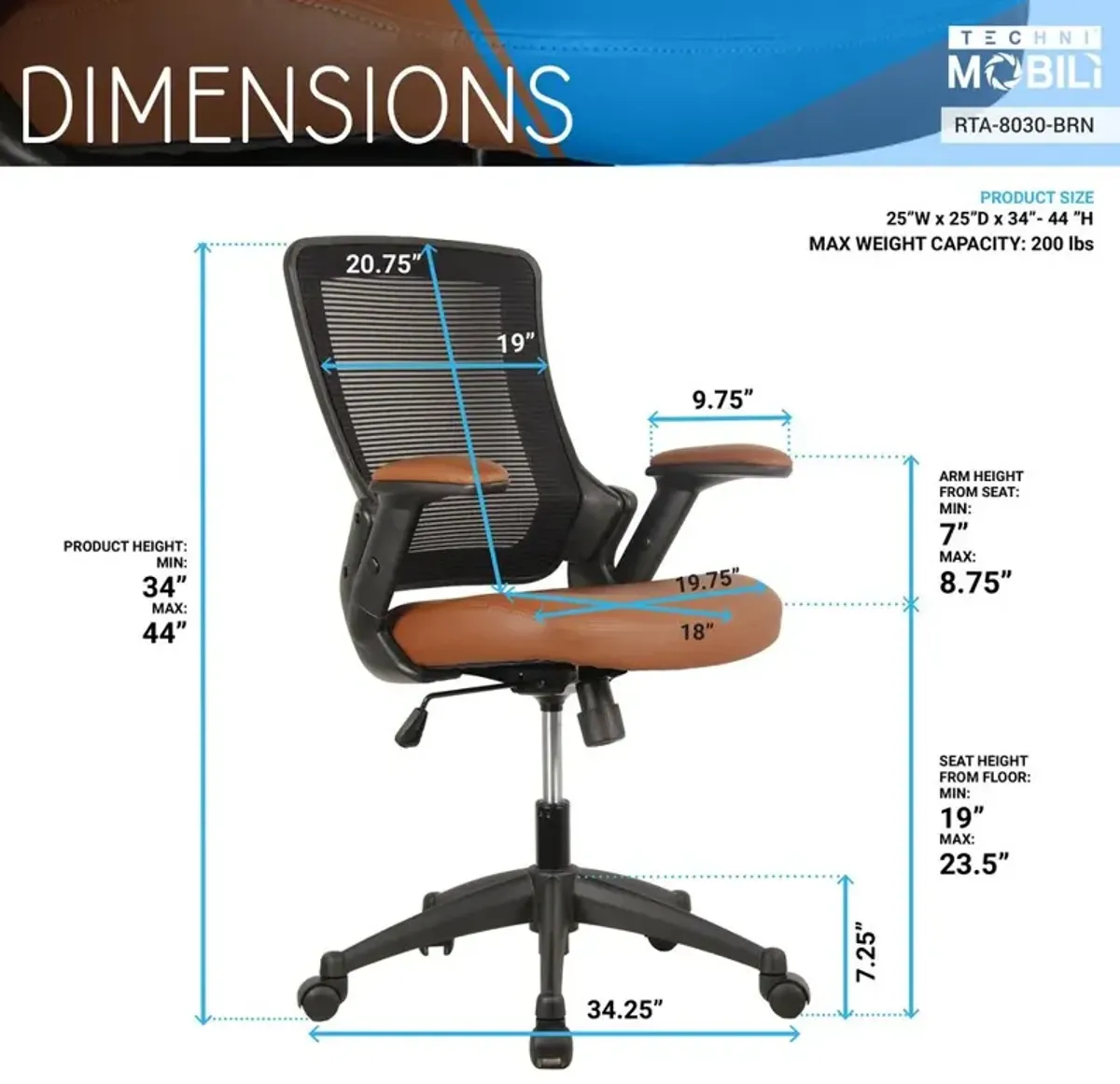 Techni Mobili Mid-Back Mesh Task Office Chair with Height Adjustable Arms. Color: Brown