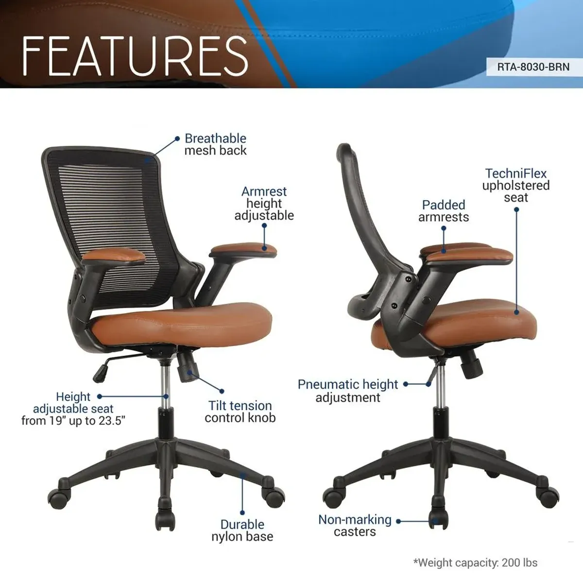 Techni Mobili Mid-Back Mesh Task Office Chair with Height Adjustable Arms. Color: Brown