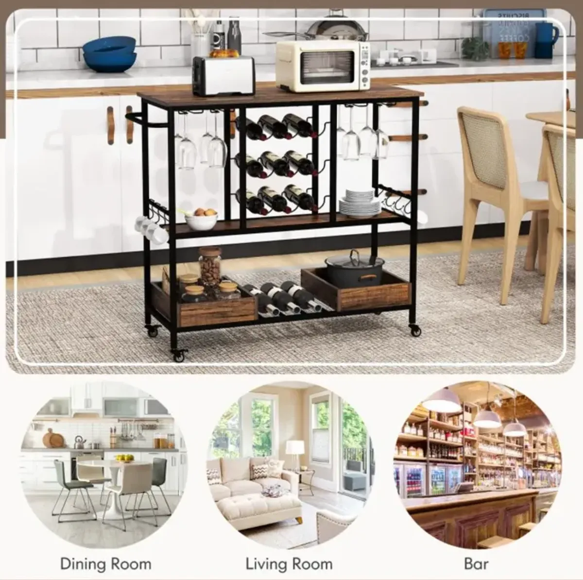 Hivvago 3 Tiers Bar Cart on Wheels with Glass Racks