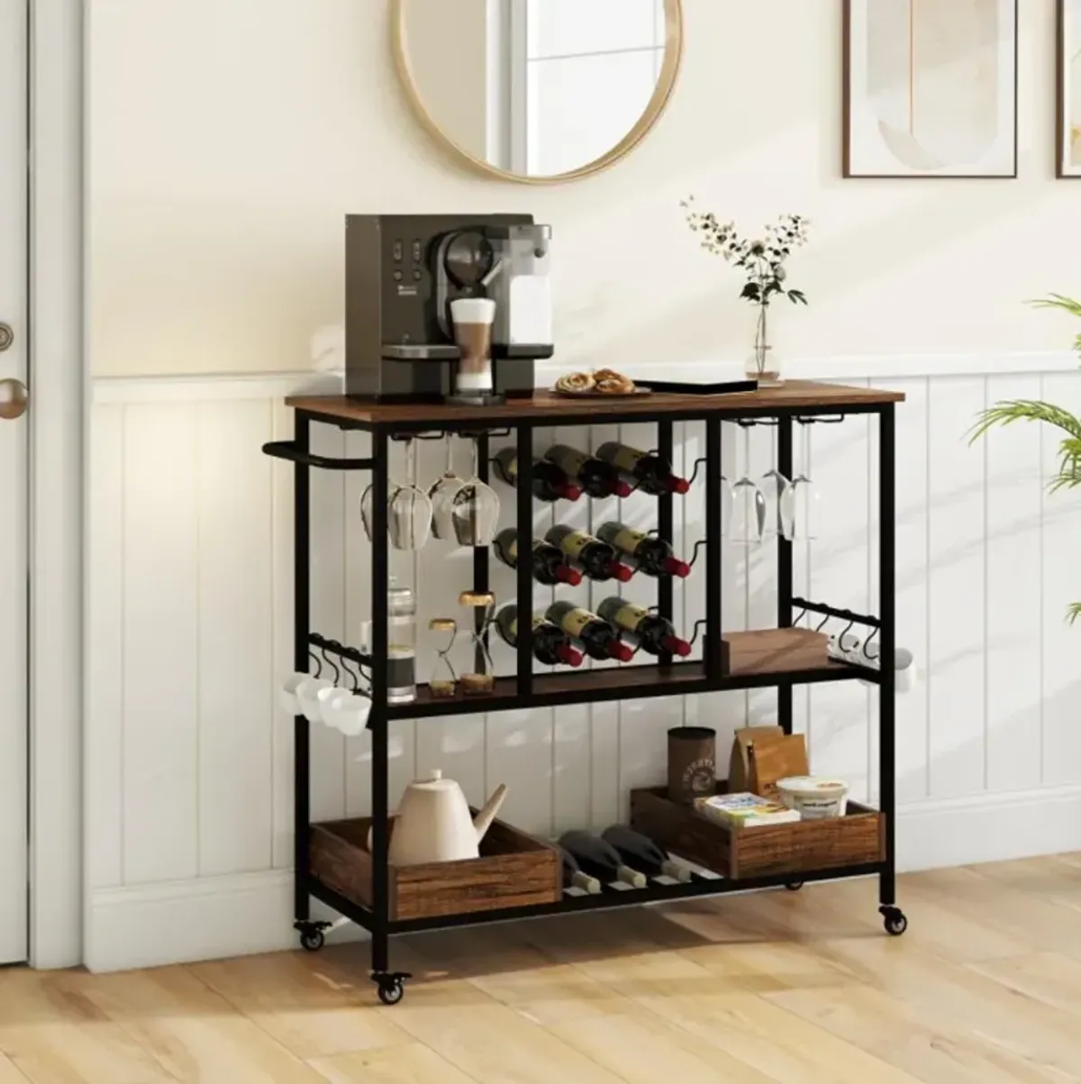 Hivvago 3 Tiers Bar Cart on Wheels with Glass Racks