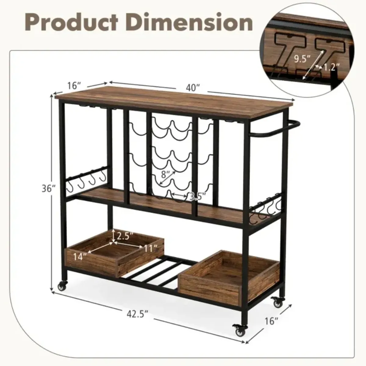 Hivvago 3 Tiers Bar Cart on Wheels with Glass Racks