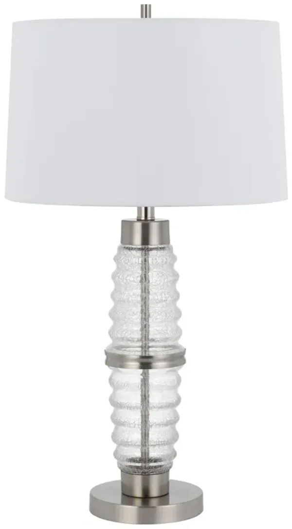 Maci 29 Inch Table Lamp, Accent Crackled Clear Glass, White Drum Shade - Benzara