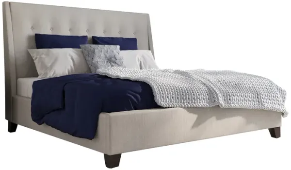 Atina California King Platform Bed, Button Tufted Beige Linen Upholstery - Benzara